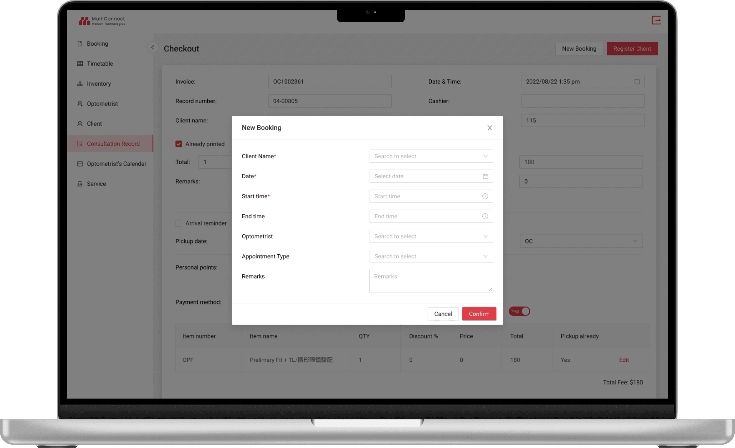 Previously published optical centre booking interface mockup